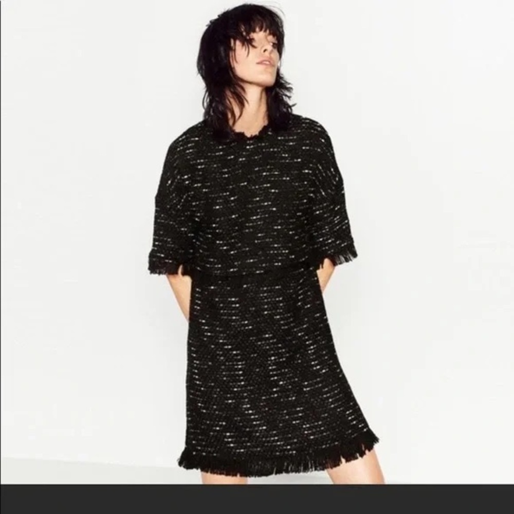 Zara Woman Black Tweed Fringe Shift Dress | Size M